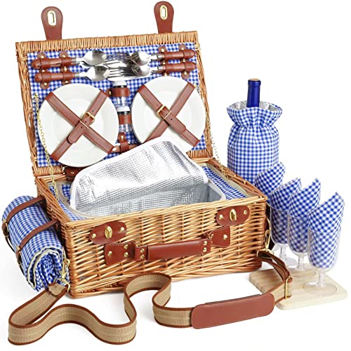 Wicker Picknickkorb Set für 2-4 Person mit Kühlfach und wasserdichte Picknickdecke, Abnehmbarer...