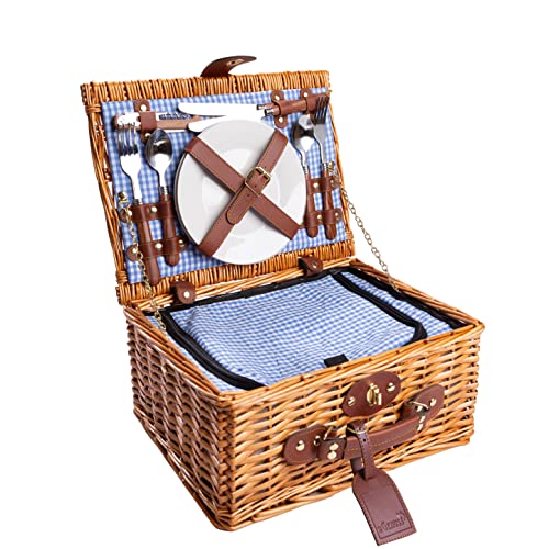 eGenuss Handgefertigtes Picknickkorb für 2 Personen mit Kühlfach, Multifunktionsmesser,...