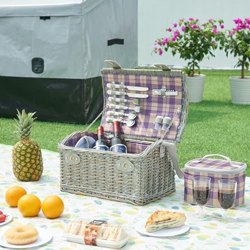 casa.pro Picknickkorb Folldal Komplettset für 2 Personen mit Kühltasche Weidenkorb Picknickset aus...